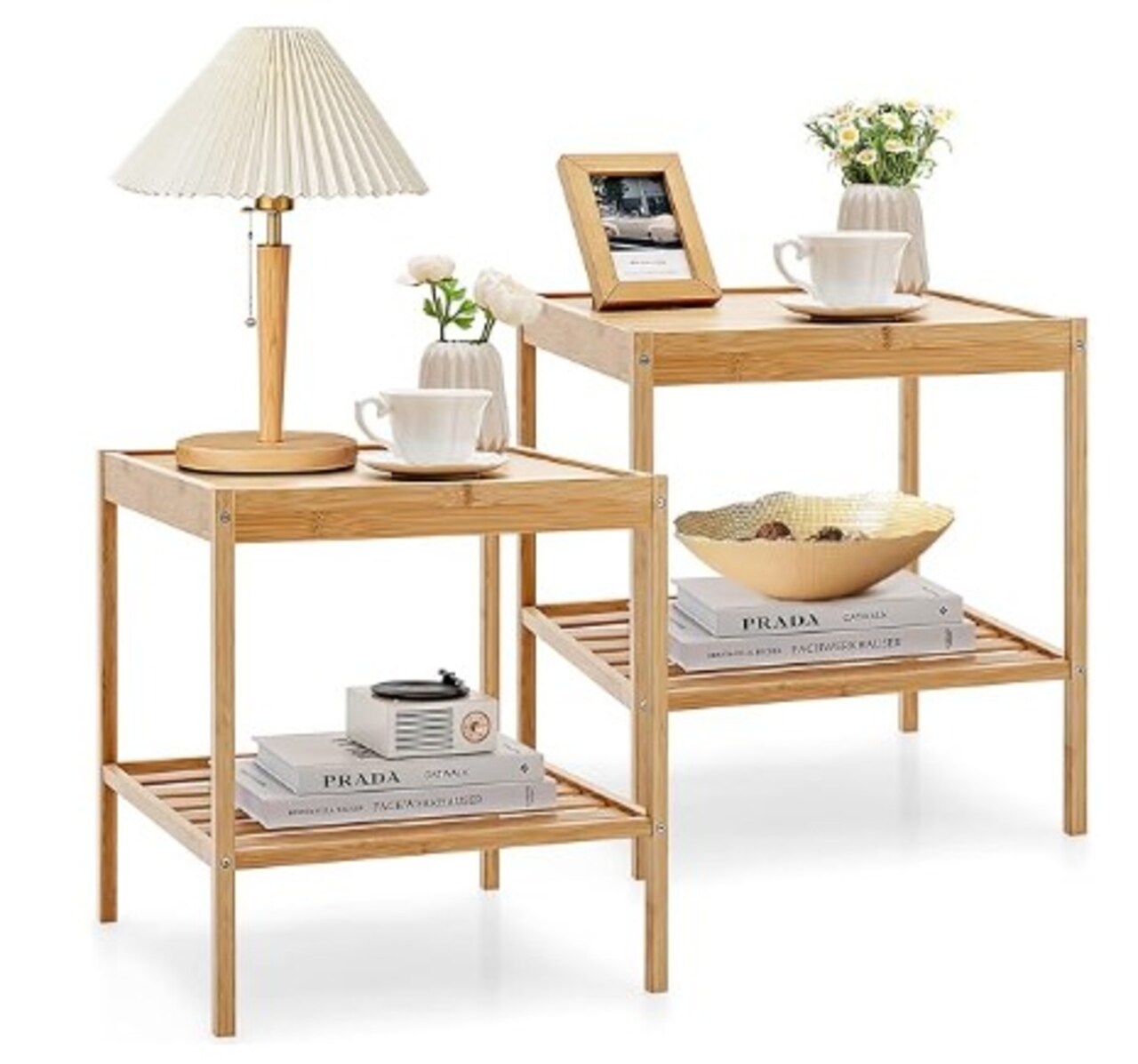 Set of 2 Bamboo Nightstands, Square Bedside Table with Storage Shelf, Natural Wood End Side Table for Bedroom Home Office, Simple Assembly (2)